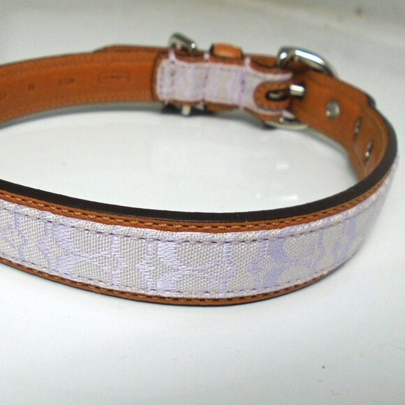 NEW COACH BROWN LEATHER LILAC JACQUARD SIGNATURE C DOG PET COLLAR 4003 SZ MEDIUM - Picture 4 of 14
